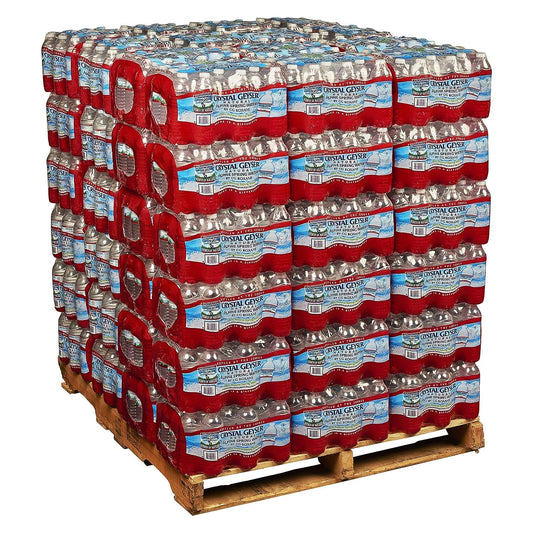 Full pallet of Crystal Geyser Alpine Spring Water featuring 1,920 bottles (48 cases) of 16.9 oz bottles stacked on a delivery pallet.