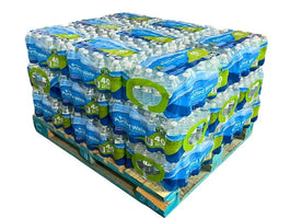 Member’s Mark bottled water half pallet with 960 bottles of 16.9 oz purified water, stacked and shrink-wrapped for bulk delivery
