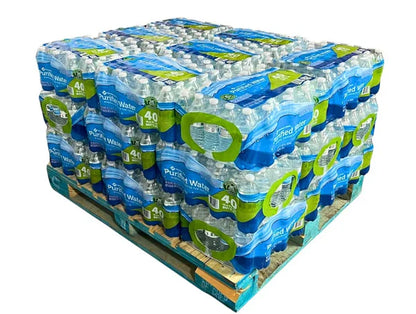 Member’s Mark bottled water half pallet with 960 bottles of 16.9 oz purified water, stacked and shrink-wrapped for bulk delivery