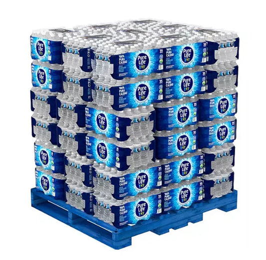 Full pallet of Nestlé Pure Life 16.9 oz bottled water stacked on shrink-wrapped cases, ideal for bulk hydration or business use.