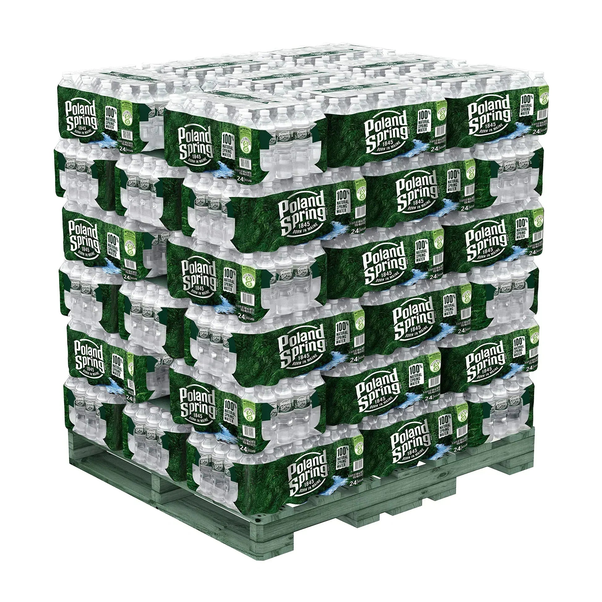 Full pallet of Poland Spring 16.9 oz bottled water with 1,920 bottles stacked in 48 shrink-wrapped cases for commercial delivery.