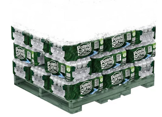 Half pallet of Poland Spring 16.9 oz bottled water with 960 bottles stacked in 24 shrink-wrapped cases, ready for delivery or storage.
