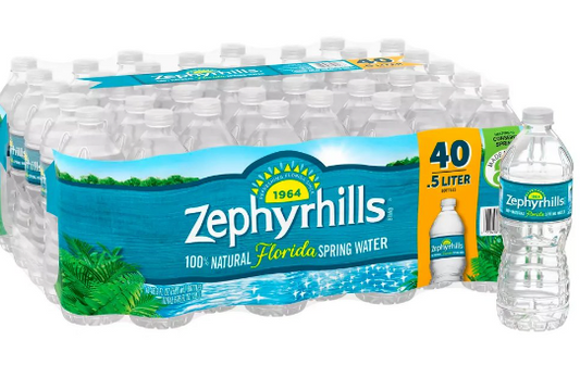 Half pallet of Zephyrhills Natural Spring Water featuring 960 bottles (24 cases) of 16.9 oz bottles wrapped and stacked for delivery or storage.